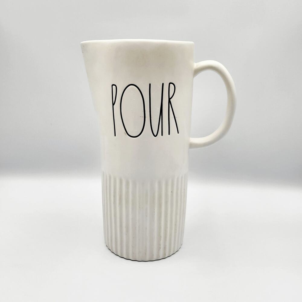 RARE Rae Dunn Artisan Collection by Magenta "POUR" White Ceramic Ribbed Pitcher